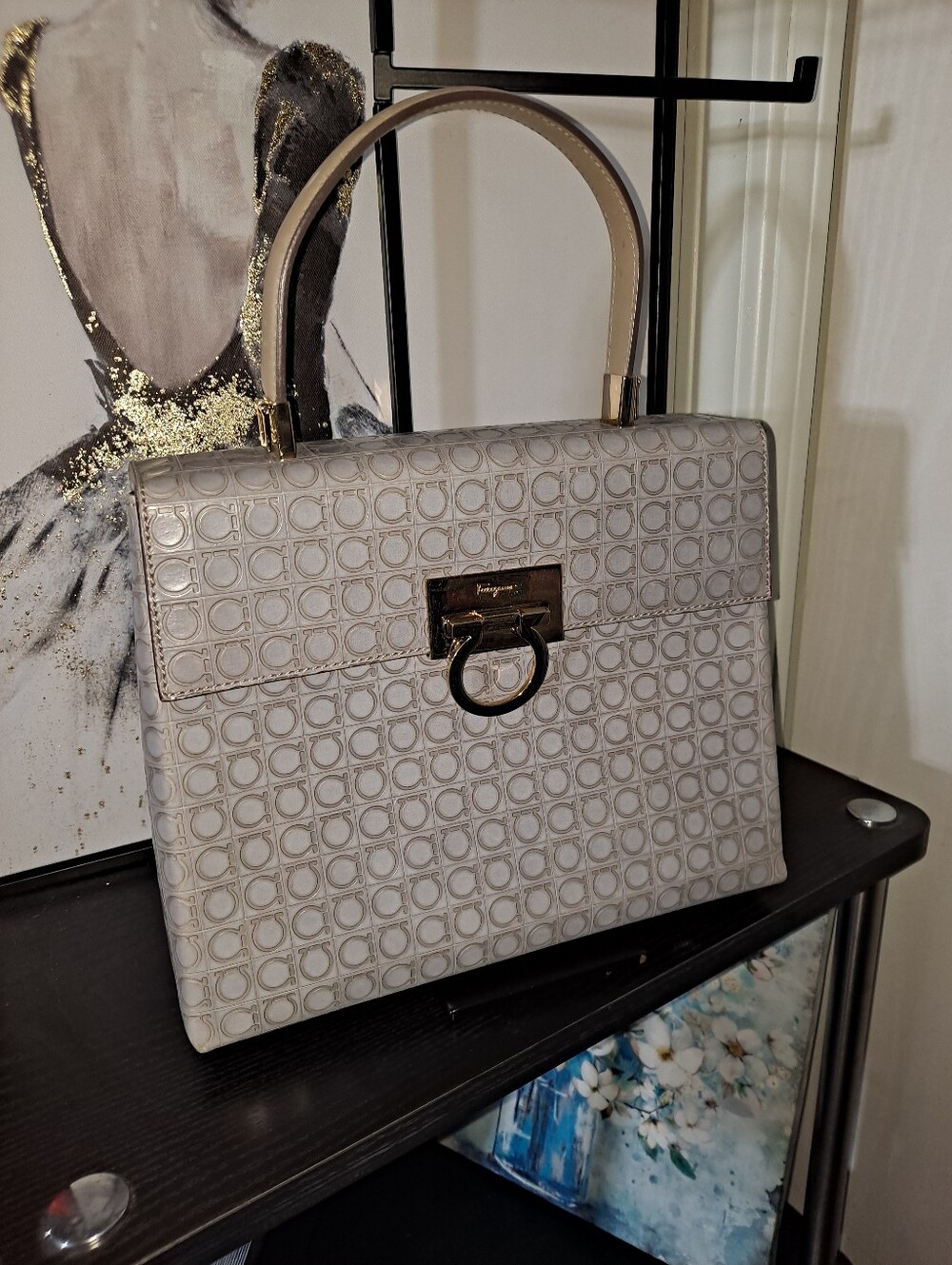 Salvatore Ferragamo Light Beige Gancini Monogram Top-Handle Satchel